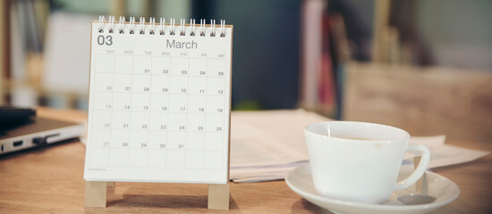 Calendar and coffee for Planner and organizer to plan and remind daily appointment, meeting agenda, schedule, timetable, and management of job, Work online from home. Calendar reminder event Concept.