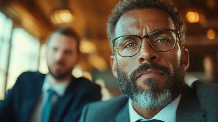 A businessman gazes intensely, deep in thought, at the camera while another figure is blurred in the background, representing focus and potential for success.