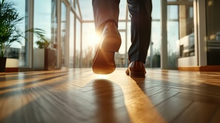 A businessman walks confidently through a bright, modern office setting, with sunlight creating dynamic patterns on the polished wooden floors as he strides forward.