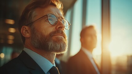 A mature man with glasses in a suit looks thoughtfully outside, as the sunlight streams through the window, illuminating the room and his contemplative expression.