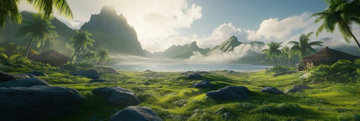 A lush green field with a small village in the distance. The sky is cloudy and the sun is shining through the clouds