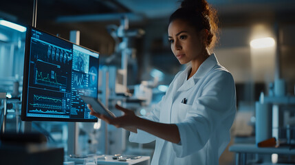 A female scientist leading a research team in a high-tech lab standing by a digital display and explaining complex data to her colleagues.