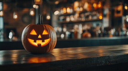 A cheerful jack-o'-lantern sits on a rustic wooden table, illuminating the dimly lit bar in the background filled with festive Halloween decorations and warm amber lights