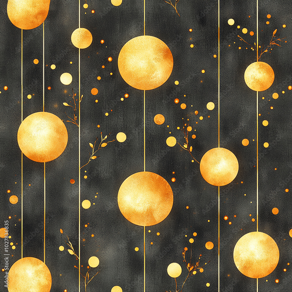 Poster This artistic pattern features golden circles and delicate branches against dark background, creating visually striking and elegant design