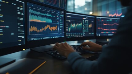 Data Analyst Scrutinizing Complex Financial Data on Multiple Monitors