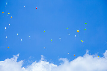 A blue sky with many balloons floating in it