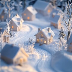 Maisons enneigées éclairées dans un village calme sous la neige