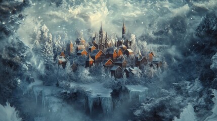 Village enneigé féerique entouré de forêts et montagnes glacées