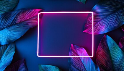 creative fluorescent color layout made of tropical leaves with neon light square flat lay nature concept