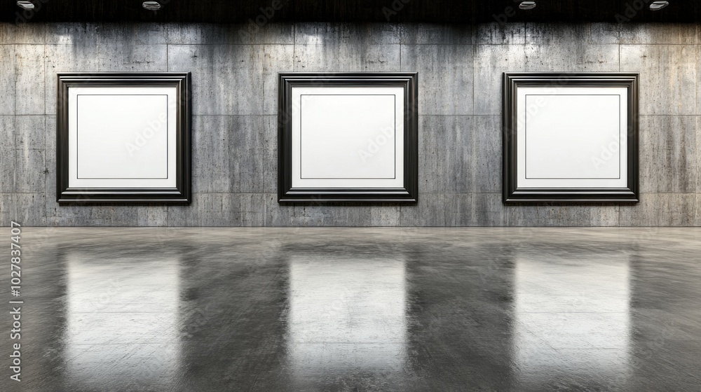 Poster a spacious art gallery features three empty frames mounted on textured walls. the polished floor ref