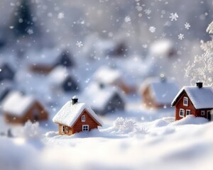 Naklejka premium Maisons enneigées avec flocons flottants dans un village hivernal