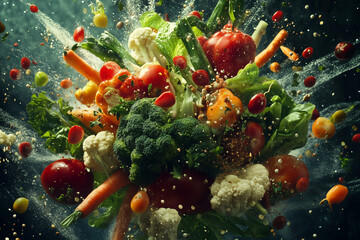 colorful explosion of vegetables including broccoli, carrots, and tomatoes. Concept of abundance and freshness, as well as the idea of a healthy and nutritious meal