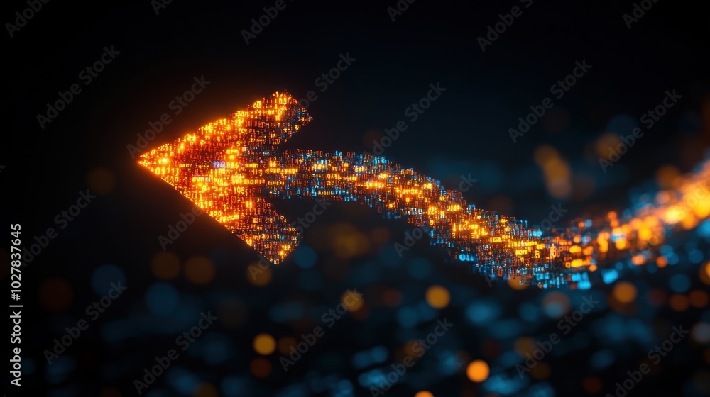 Poster a vibrant arrow composed of glowing particles directs attention amidst a dark background filled with