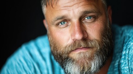 Obraz premium A contemplative portrait of a mature man with a thoughtful look, showcasing deep emotions and wisdom through his eyes, captured in a serene, reflective mood.