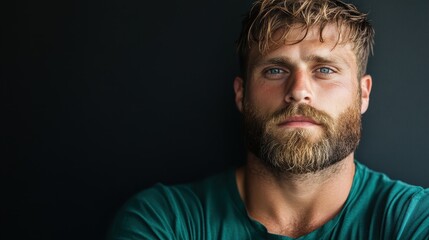 Obraz premium A focused portrait of a young man exuding a mix of determination and contemplation, captured against a dark backdrop, highlighting intense emotions and strong character.