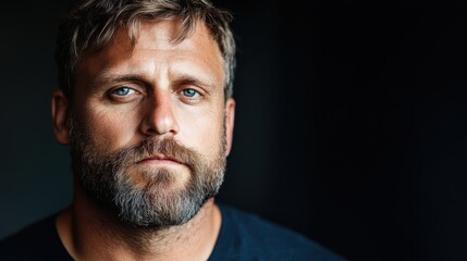 Fototapeta premium A close-up portrait of a bearded man staring intensely at the camera, set against a dark, moody background, capturing a sense of depth and contemplation.