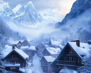 Chalets de montagne enneigés entourés de pics majestueux et brume