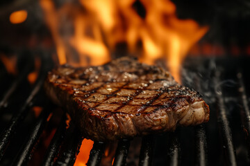  piece of steak is being cooked on a grill. The steak is brown and has grill marks