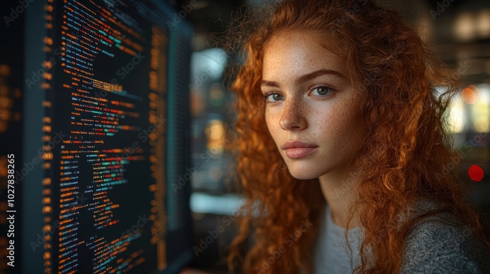 Poster the young woman with vibrant red curls intently reviews lines of code on multiple screens in a sleek