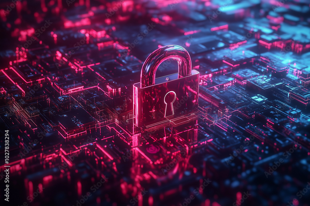 Poster red and blue image of a lock with a key on top of a circuit board. the lock is surrounded by a blue 