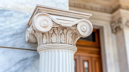 Obraz premium The close-up view highlights an ornate Corinthian column, showcasing intricate carvings and architectural elegance near a wooden entrance of a historic structure