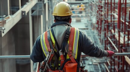 Obraz premium Construction worker using a safety harness on an elevated construction site, with safety barriers and harnesses prominently visible