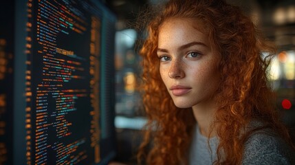 The young woman with vibrant red curls intently reviews lines of code on multiple screens in a sleek office space illuminated by ambient light during the evening