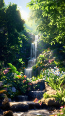 Naklejka premium A large waterfall located in a forest, featuring small drops and interruptions caused by rocks, set in a completely serene and woodland environment, providing an incredible view.
