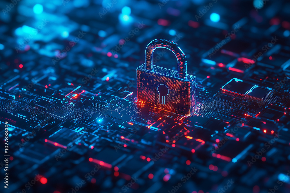 Poster blue lock with a key on a city skyline background. the lock is surrounded by a digital pattern