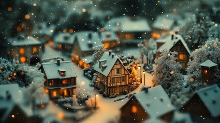 Village enneigé avec maisons illuminées et flocons de neige