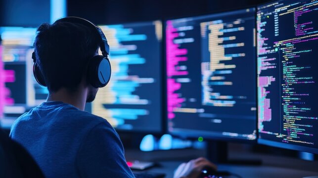 A focused individual sits in front of multiple monitors, immersed in coding. The screens are filled with vibrant lines of code, highlighting a tech-savvy atmosphere in a darkened room