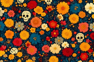 Colorful Flowers and Skulls in Bold Harmony.
