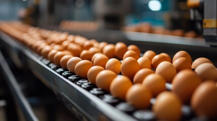 Fototapeta premium Eggs being transported on conveyor belts through an automated processing plant