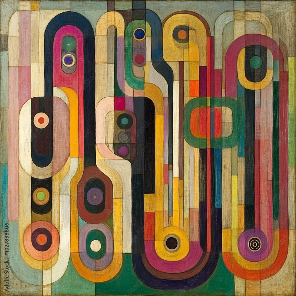 Poster abstract geometric shapes in muted colors create vibrant composition, showcasing blend of curves and