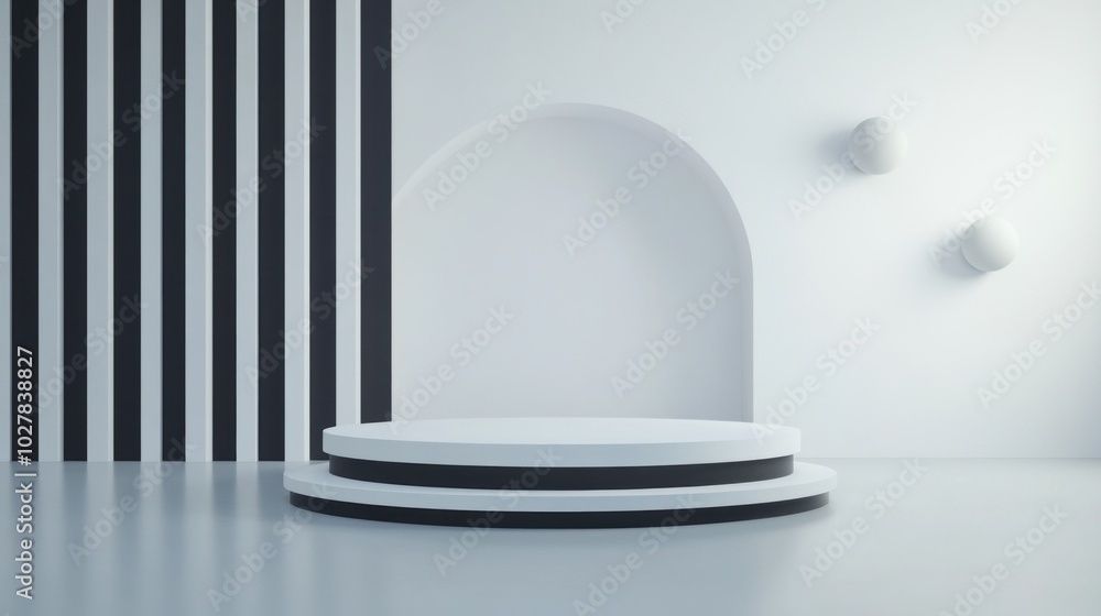 Poster a circular stage sits in a spacious room characterized by a minimalist design with black stripes on 