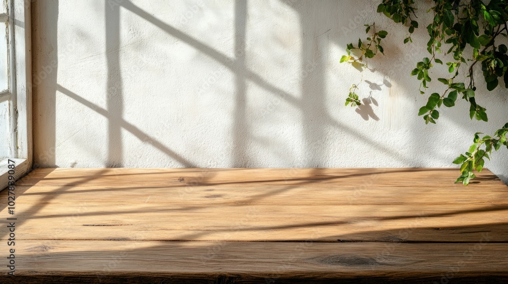 Poster soft sunlight streams through a window, creating gentle shadows on a wooden table. green leaves drap