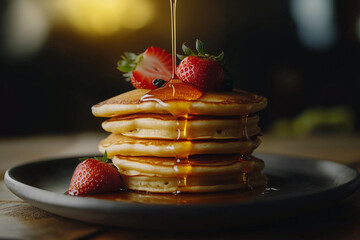 stack of pancakes with syrup and strawberries on top. The pancakes are piled high and the syrup is dripping down the sides. Concept of indulgence and satisfaction, as the pancakes look delicious