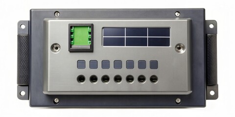 Fototapeta premium Solar charge controller with isolated on a white background Panoramic view of a compact and modern device for controlling and regulating the charging of solar panels, control, modern
