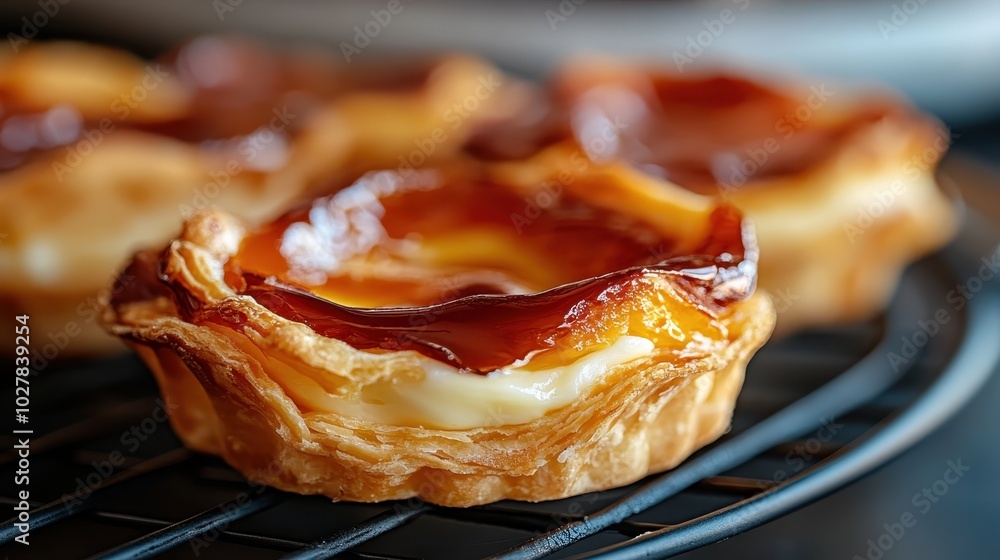 Poster a close view of the intricate details of a puff pastry filled with soft custard, highlighting the la