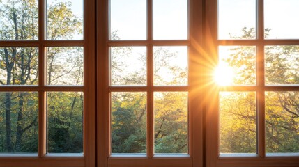 Fototapeta premium Golden sunlight streams through window panes, casting warm rays onto a peaceful forest outside, highlighting the vibrant greenery and beginning of a new day
