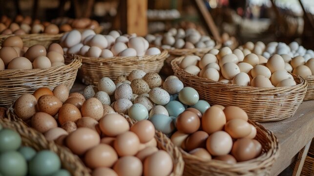 Eggs of different sizes and colors collected in baskets on a bustling poultry farm