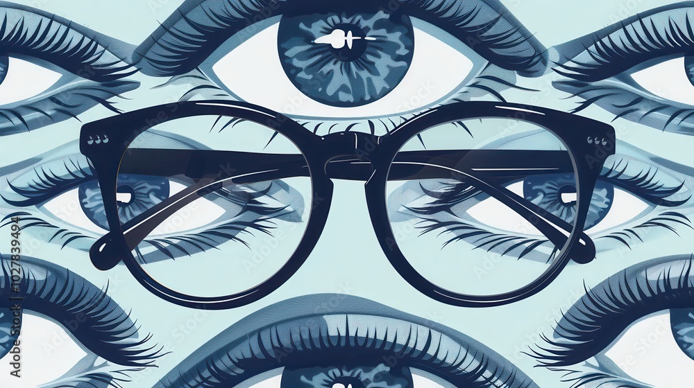 Aufkleber A pair of fashionable eyeglasses is prominently displayed against a backdrop filled with artistic, stylized eyes, creating a unique visual effect. Generative AI