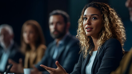 Obraz premium A female tech executive speaking at an industry panel sitting alongside other leaders confidently answering questions about innovation and future trends.