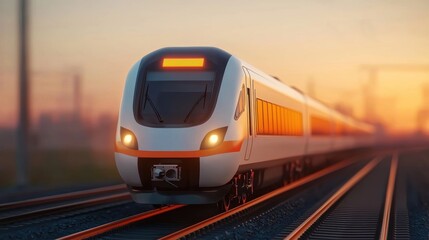 Naklejka premium Modern train on tracks at sunset