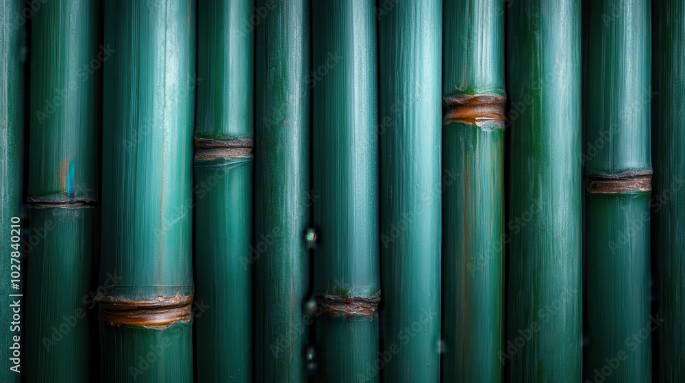 Poster an artistic capture of vertical bamboo stalks in sequence exhibits natural elements with a serene gr