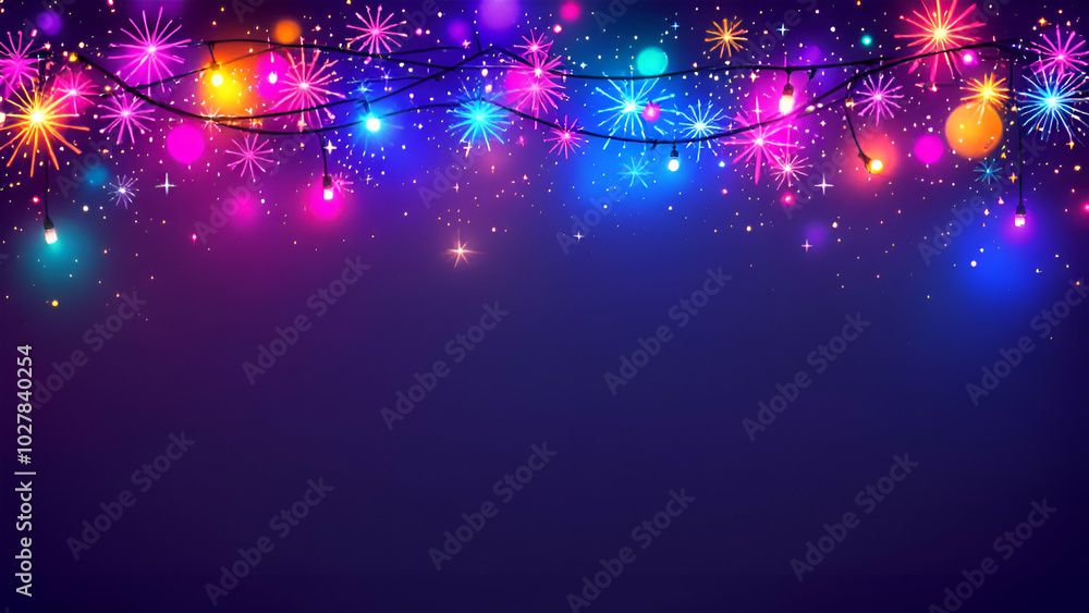 Poster a dark blue background with a string of colorful lights and firework shapes, scattered with golden s