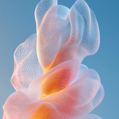 Translucent waves of soft fabric create mesmerizing pattern against blue gradient background, evoking sense of calm and fluidity. delicate interplay of light and texture enhances ethereal quality of