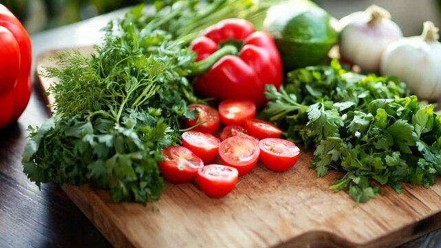 Fresh red tomatoes, red pepper, green parsley and garlic on a wooden cutting board.