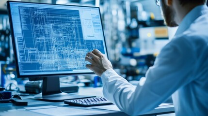 Engineer analyzing CAD drawings with embedded mathematical formulas and calculations on a computer screen