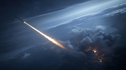 Obraz premium Precise Naval Missile Strike - Aerial view of a warship launching a missile towards a distant target, showcasing the accuracy and power of modern naval warfare.